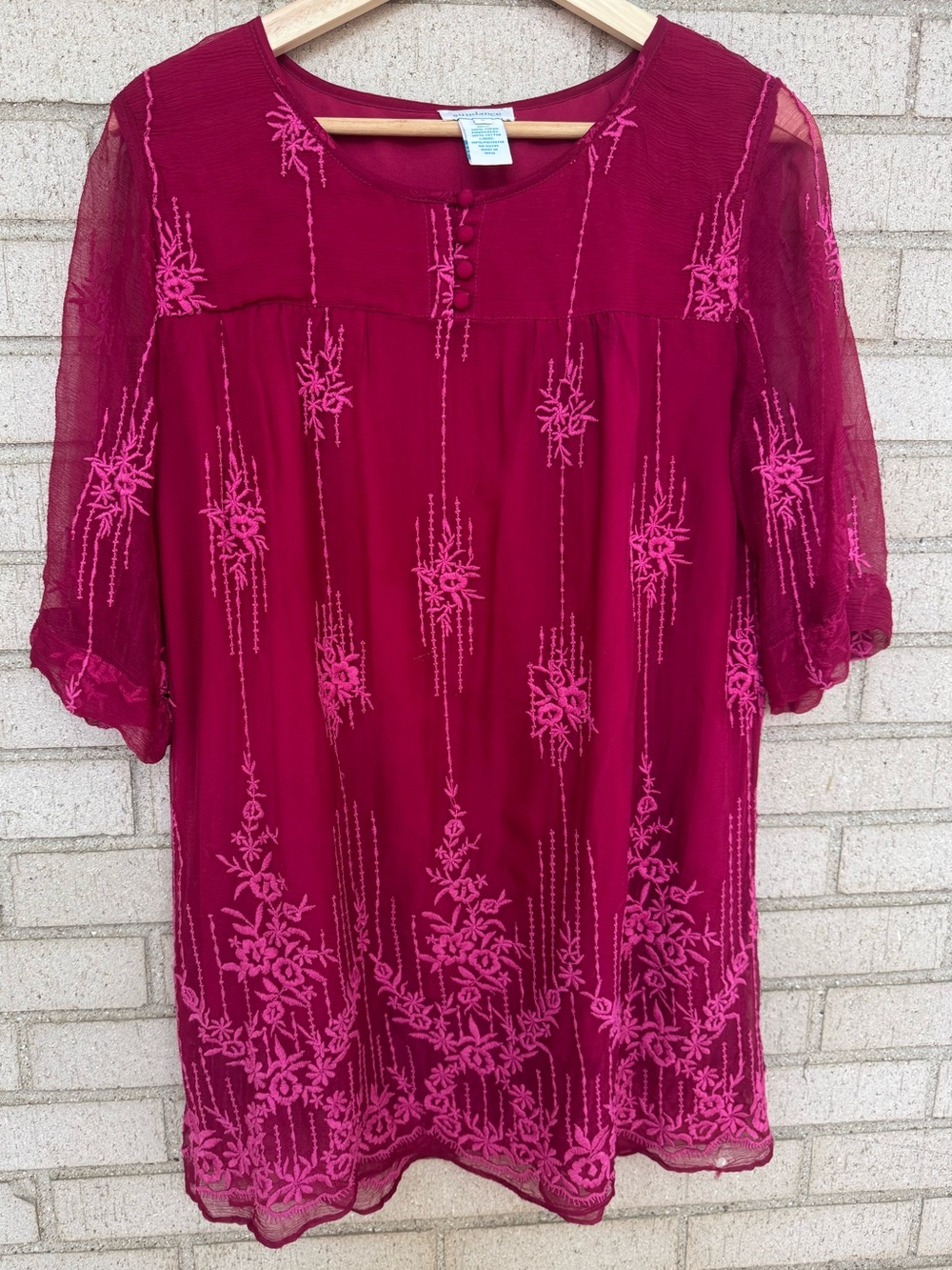 Sundance Embroidered Mesh Tunic Top Small Raspberry Pink Floral Boho Romantic